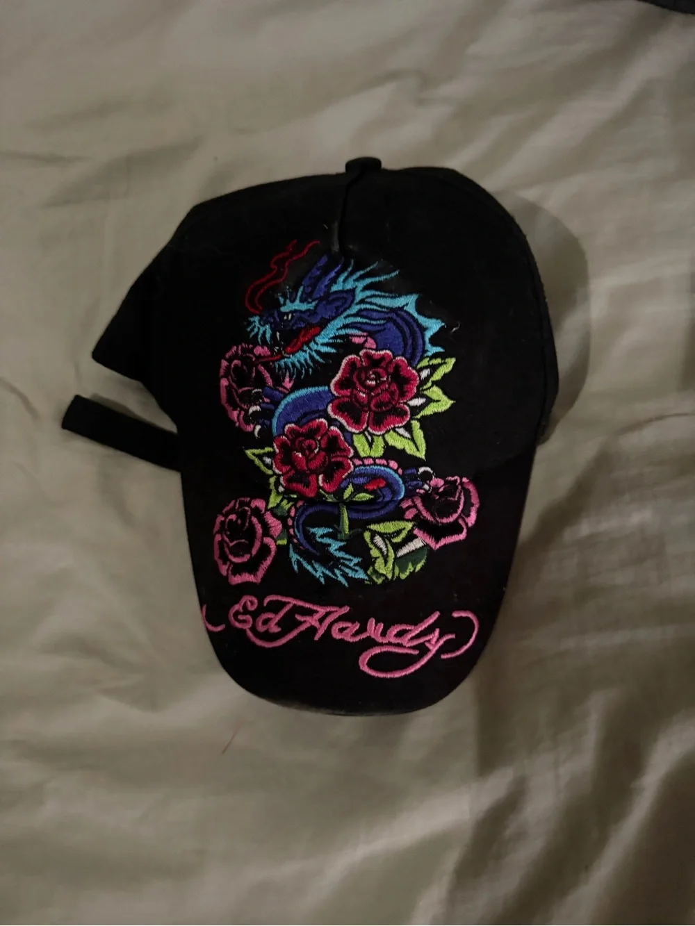 Ed Hardy and Christian Audigier Y2K Black Cap with Blue Dragon & Pink Rose RARE